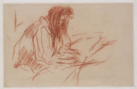 KT 2006 157 verso
<br/>
Zittende vrouw in bed. Mogelijk studie voor blad VIII uit de lithoreeks Elles: 'Femme au lit, profil - Au petit lever'
<br/>
<em>Toulouse-Lautrec, Henri de (1864 - 1901)</em>